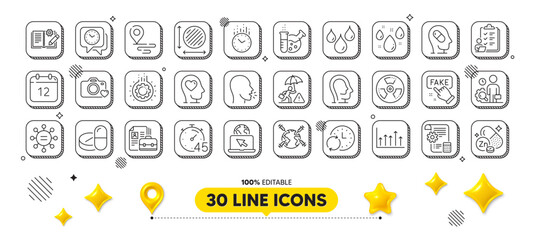 Inspect, Growth chart and Place line icons pack. 3d design elements. Photo camera, Circle area, Chemistry lab web icon. Zinc mineral, Chemical hazard, Engineering documentation pictogram. Vector