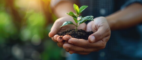 Hands holding a small plant growing in soil, symbolizing nurture, growth, and environmental sustainability in a natural setting.