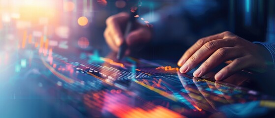 Obraz premium Hands interacting with digital data on a touchscreen interface with colorful graphics, representing modern technology and data analysis concept.