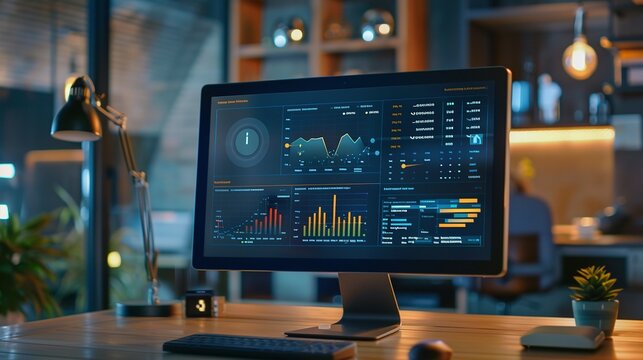 Computer Screen Showcasing an Abstract Network Monitoring Dashboard with Real-Time Data and System Health Metrics