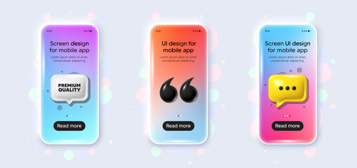 Phone 3d mockup gradient screen. Premium quality tag. High product sign. Top offer symbol. Premium quality phone mockup message. 3d chat speech bubble. Yellow text box app. Vector