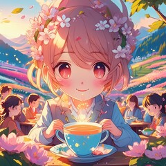 A Girl with a Flower Crown Is Holding a Cup of Coffee