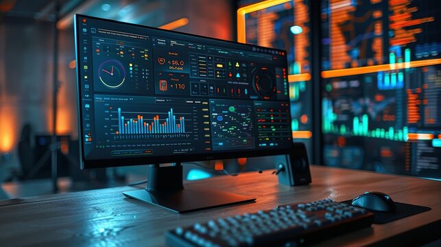Computer Screen Display of Network Monitoring Dashboard with Real-Time Analytics and Health Metrics