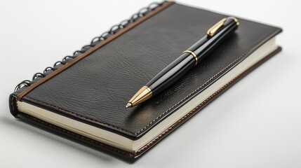 Stylish business notebook and pen, isolated white background, productivity essentials, copy space, highresolution stock image for office settings