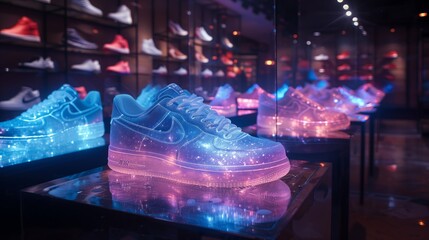A row of holographic sneakers illuminated with vibrant blue and pink lights in a futuristic retail store.
