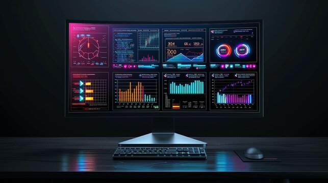 Real-Time Analytics and System Health on an Abstract Network Monitoring Dashboard Displayed on a Computer Screen