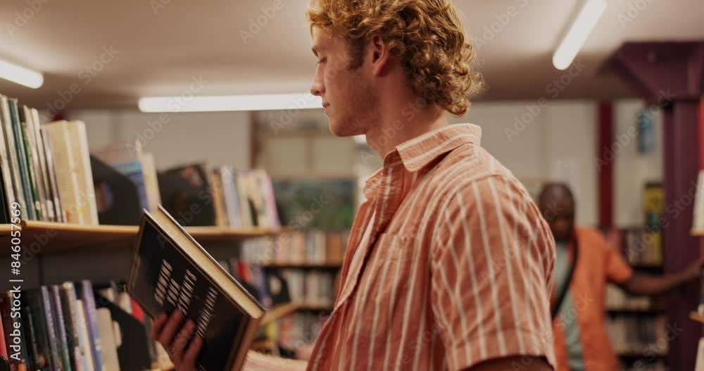 Aufkleber search, student and man with mobile phone in library looking for textbook, education or knowledge. u