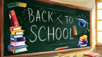 Illustration of a chalkboard with ,,Back to School,, written in large letters, surrounded by colorful books, a ruler, and a graduation cap. 