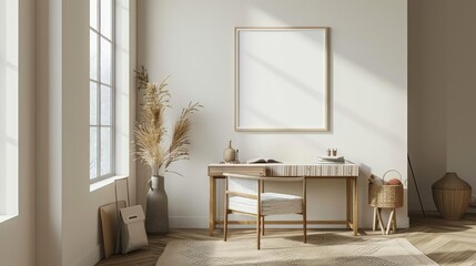 A clean and airy home office showcasing a mockup frame on a bare wall