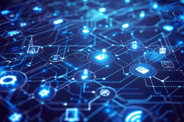 Obraz premium A conceptual hightech background featuring interconnected smart devices and IoT symbols
