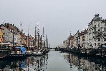 Copenhagen, Denmark - March 13, 2024: Historical center of Copenhagen on a cloudy day