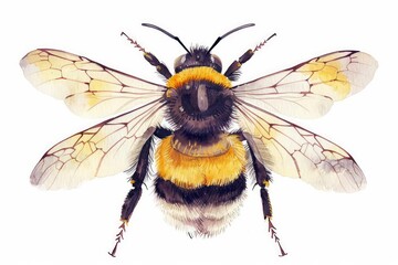 A detailed watercolor clipart of a bee with delicate wings on a white background