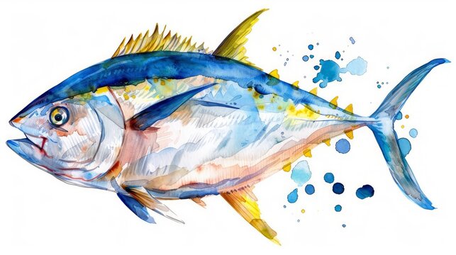 recommend clip art: A detailed watercolor clipart of a tuna fish swimming on a white background