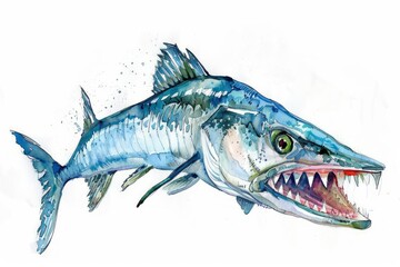 Fototapeta premium A fierce watercolor clipart of a barracuda with sharp teeth on a white background