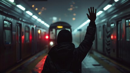 In the dimly lit tunnel of a subway station a person stands with back to the camera waving goodbye to a loved one on a departing . .