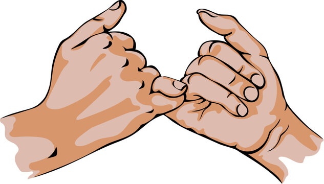 Oath on little fingers, friendship, pinky promise, reconciliation. Man and woman hands, graphic illustration no background