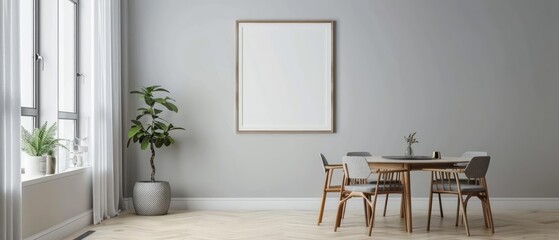 A minimalist dining area with a mockup frame centered on a plain wall