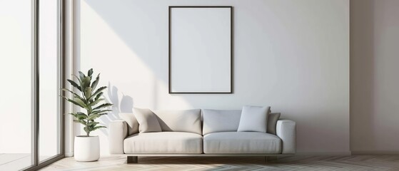A minimalist living room with a mockup frame hanging above a sleek sofa