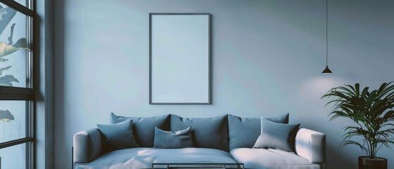 A minimalist living room with a mockup frame hanging above a sleek sofa