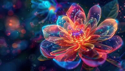 Vibrant, multicolored abstract flower with glowing petals set against a blurred, bokeh background. Captivating digital art piece.