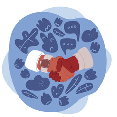 Cartoon vector illustration of of a black and white hands shaking in Senegal.Cartoon vector illustration of shaking hands. Agreement, trust, cooperation concept. Greeting gesture, handshake of busines