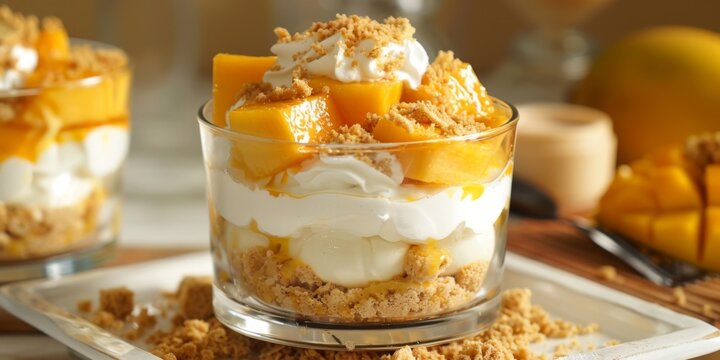 A delicious mango float dessert, layered with sweet mango slices, cream, and graham cracker crumbs, served in a glass dish