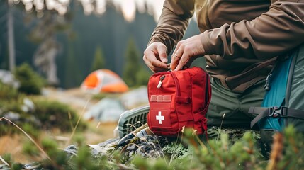 High-quality photo of a male hand taking a first aid kit out of a backpack pocket, featuring camping equipment and a compact mini first aid kit