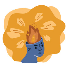 Vector illustration of Emotional stress, anger and impulsive emotions, holding a burning match in hand to light the bomb in the brain over dark background