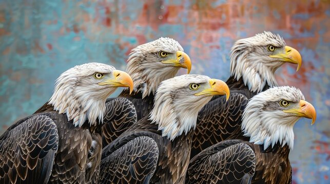 A group of majestic bald eagles stares intently in the same direction, their powerful presence exuding strength and authority.