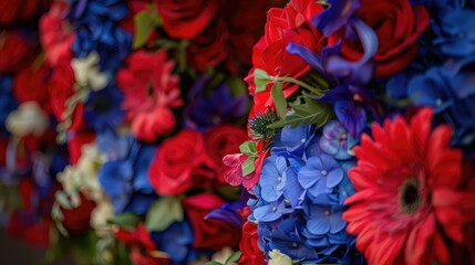 Red, white and blue flowers.