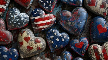 Obraz premium Red white and blue heart-shaped ornaments with a distressed vintage shabby chic look.