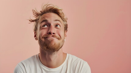 Obraz premium Studio shot of a young handsome guy, 20-25 years old, blond, looking up. Happy and smiling, in a white T-shirt with a beard and mustache, on a soft pink background.