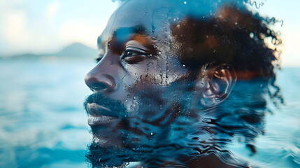 Fototapeta premium African American, 20-29 years old, with a beard. Profile shot, close-up. Double exposure, silhouette of a man, sea, waves, ocean. Calmness and tranquility.