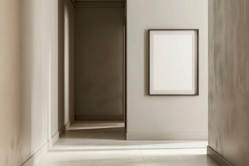 An uncluttered hallway featuring a mockup frame leaning against the wall