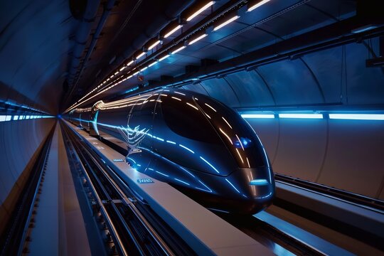 Passengers traveling in vacuumsealed hyperloop pods at incredible speeds in a futuristic transport network