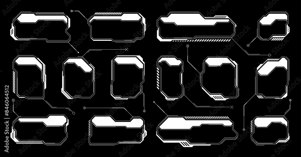 Poster White futuristic HUD, UI elements. Sci-fi user interface text boxes, callouts. Warning message frames, information boxes template. Modern game interface layout in digital style. Vector illustration