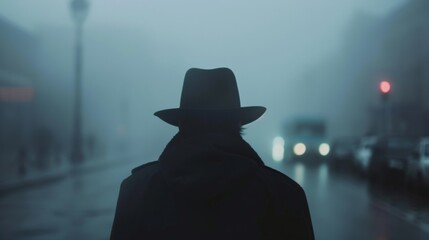 Someone walks towards the camera with back hunched a fedora hat pulled low over eyes. The foggy street adds to the sense . .