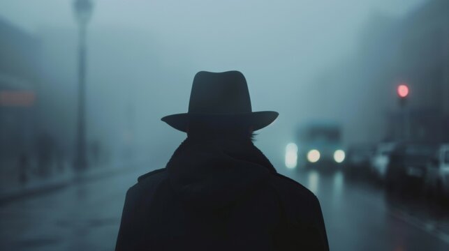 Someone walks towards the camera with back hunched a fedora hat pulled low over eyes. The foggy street adds to the sense . .