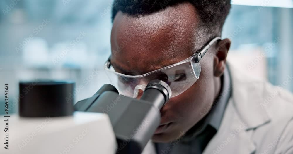 Aufkleber science, black man and microscope or analysis in laboratory for results on medical research and expe