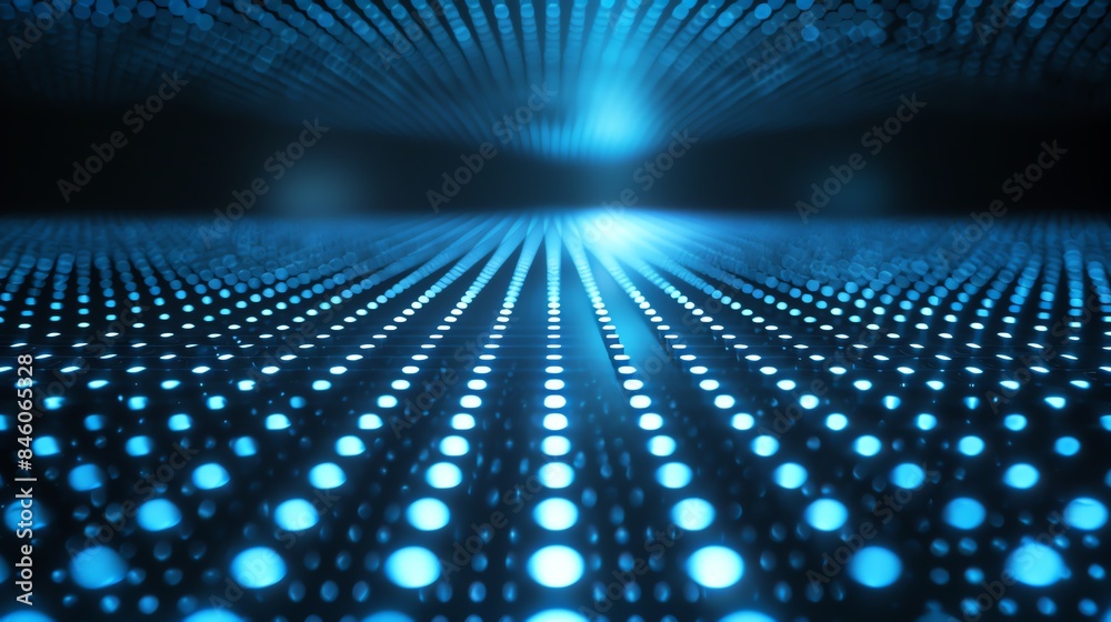 Wall mural abstract digital blue glowing light dot matrix background. futuristic pattern with perspective effec