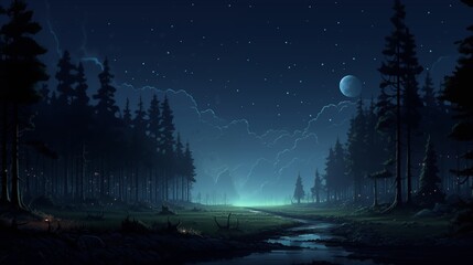 Naklejka premium Moonlit Forest Stream Under a Starry Sky