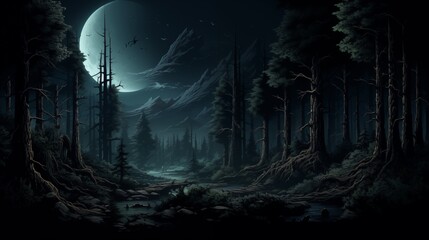 A Moonlit Night in a Serene and Eerie Forest Landscape