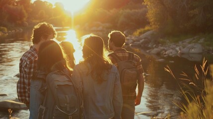 A group of friends gathers on the edge of a river backs turned to the camera as they share a moment of serenity and escape from . .