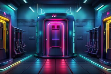 AI control room with glowing screens, high tech digital illustration, vibrant colors, artificial intelligence concept 