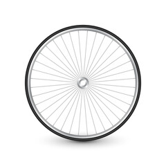 Realistic 3d bicycle wheel. Bike rubber tire, shiny metal spokes and rim. Fitness cycle, touring, sport, road and mountain bike. Vector illustration