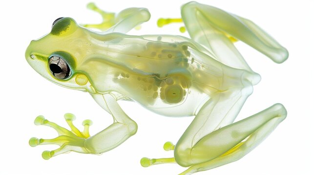 Transparent glass frog illustrating the anatomy of its internal organs, digestive system, circulatory system, bones and skeleton