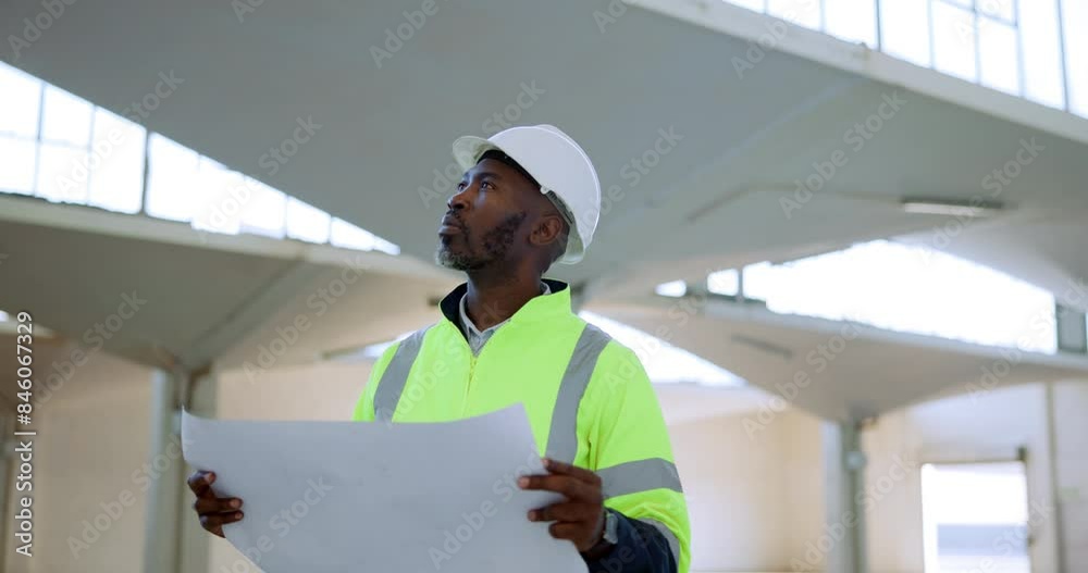 Poster black man, architect and paperwork with blueprint for construction, building or architecture at site
