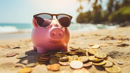Pink piggy bank with sunglasses relaxing on a beach in summer next to gold coins, vacation budget, holiday savings, investment success, banking wealth, income and profit in finance 