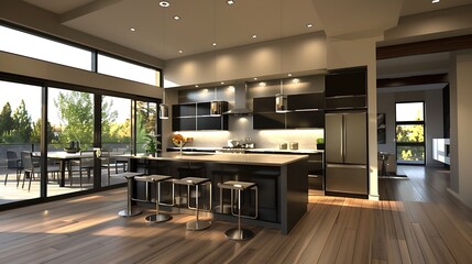 Large modern kitchen and lights