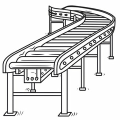 Detailed black and white illustration of a curved conveyor belt, emphasizing industrial machinery and automation in a line drawing.